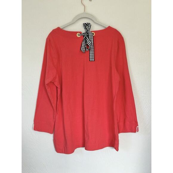 NEW CROWN & IVY Womens L - Wide Neck Bow Detail 3/4 Sleeve Coral Pink Red Blouse - Picture 2 of 6